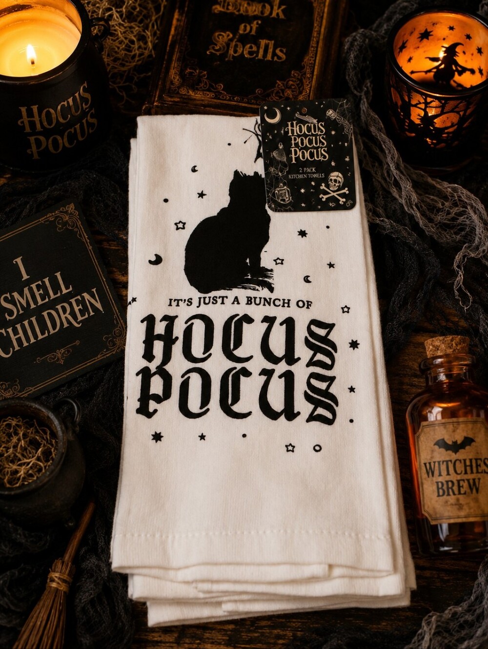 Hocus Pocus 100% Cotton Kitchen Towels Set of 2  Halloween Black Cat New